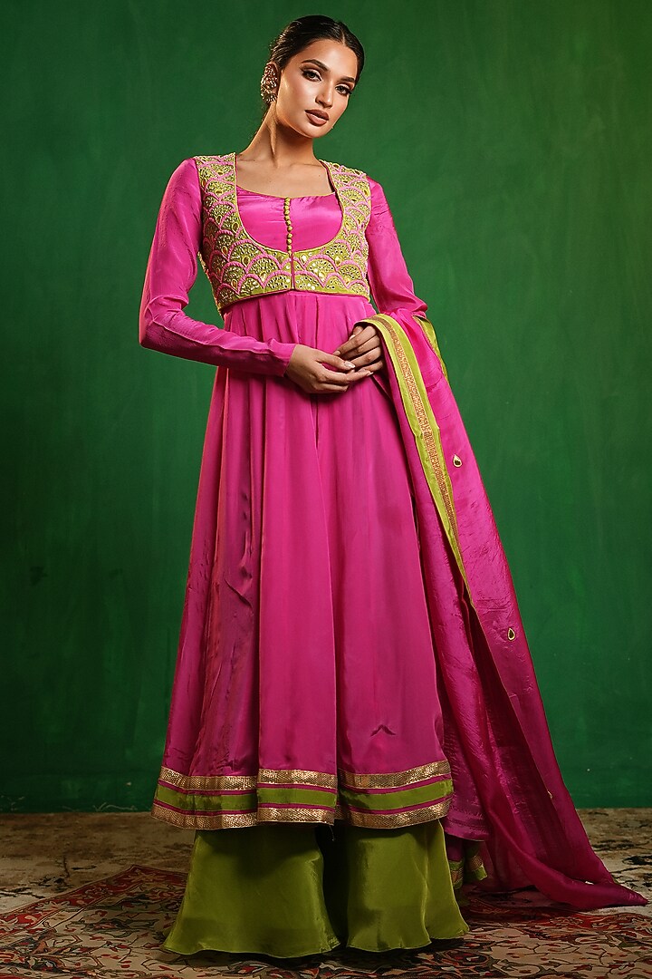 Fuchsia Pink Crepe & Glass Organza Wedding Anarkali Set by AHI CLOTHING at Pernia's Pop Up Shop