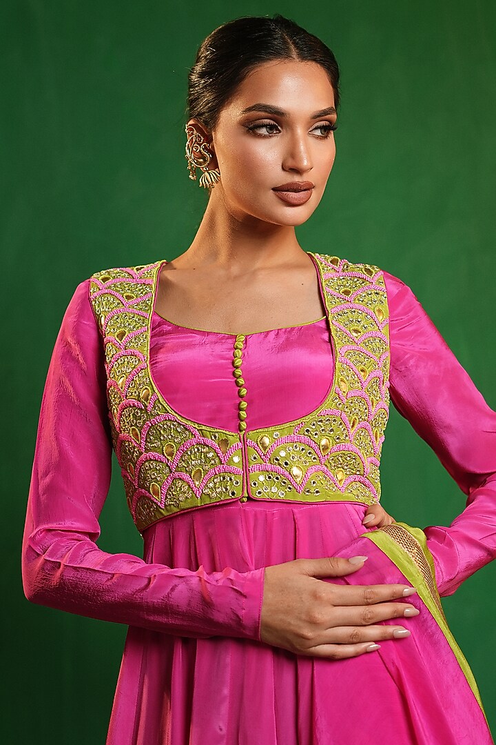 Fuchsia Pink Crepe & Glass Organza Wedding Anarkali Set by AHI CLOTHING at Pernia's Pop Up Shop
