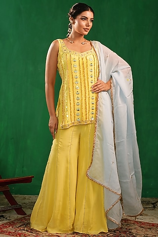 Pastel Yellow Crepe & Organza Embellished Kurta Set by AHI CLOTHING