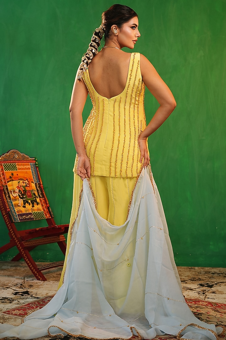 Pastel Yellow Crepe & Organza Embellished Kurta Set by AHI CLOTHING at Pernia's Pop Up Shop