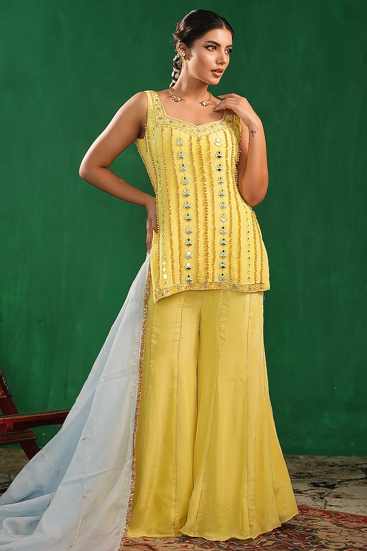 Pastel Yellow Crepe & Organza Embellished Kurta Set by AHI CLOTHING at Pernia's Pop Up Shop
