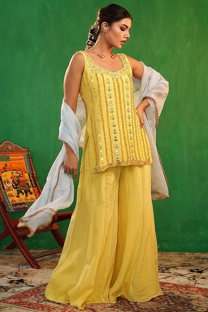 Pastel Yellow Crepe & Organza Embellished Kurta Set by AHI CLOTHING at Pernia's Pop Up Shop