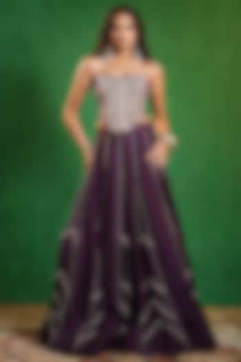 Dark Purple Slub Silk Wedding Lehenga Set by AHI CLOTHING at Pernia's Pop Up Shop
