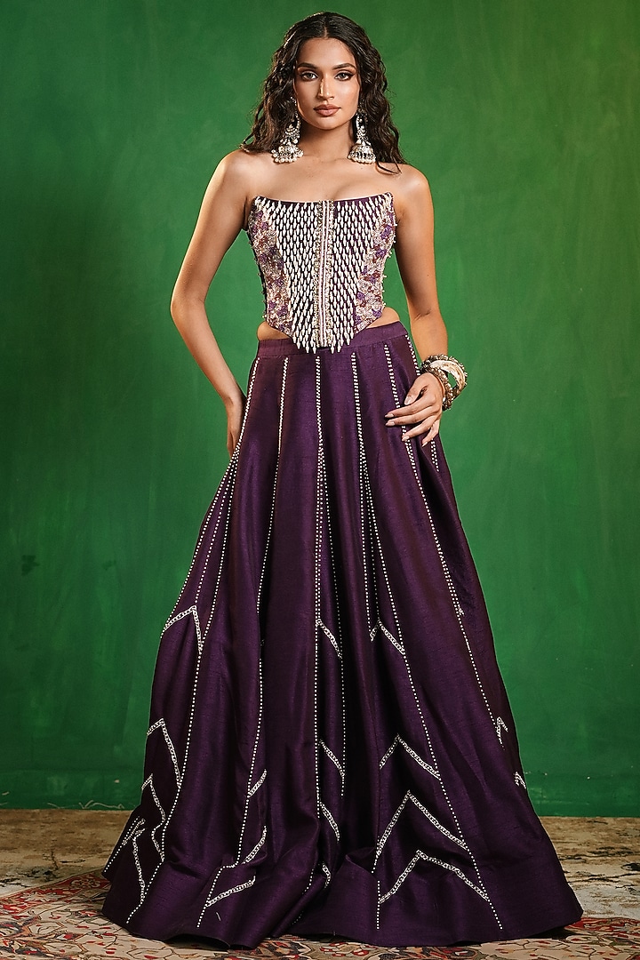 Dark Purple Slub Silk Wedding Lehenga Set by AHI CLOTHING at Pernia's Pop Up Shop
