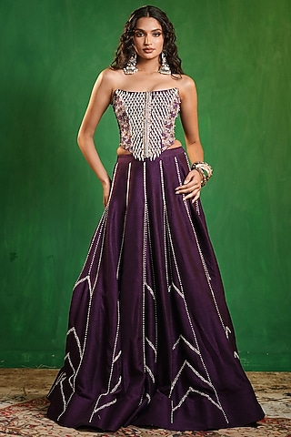 Dark Purple Slub Silk Lehenga Set by AHI CLOTHING