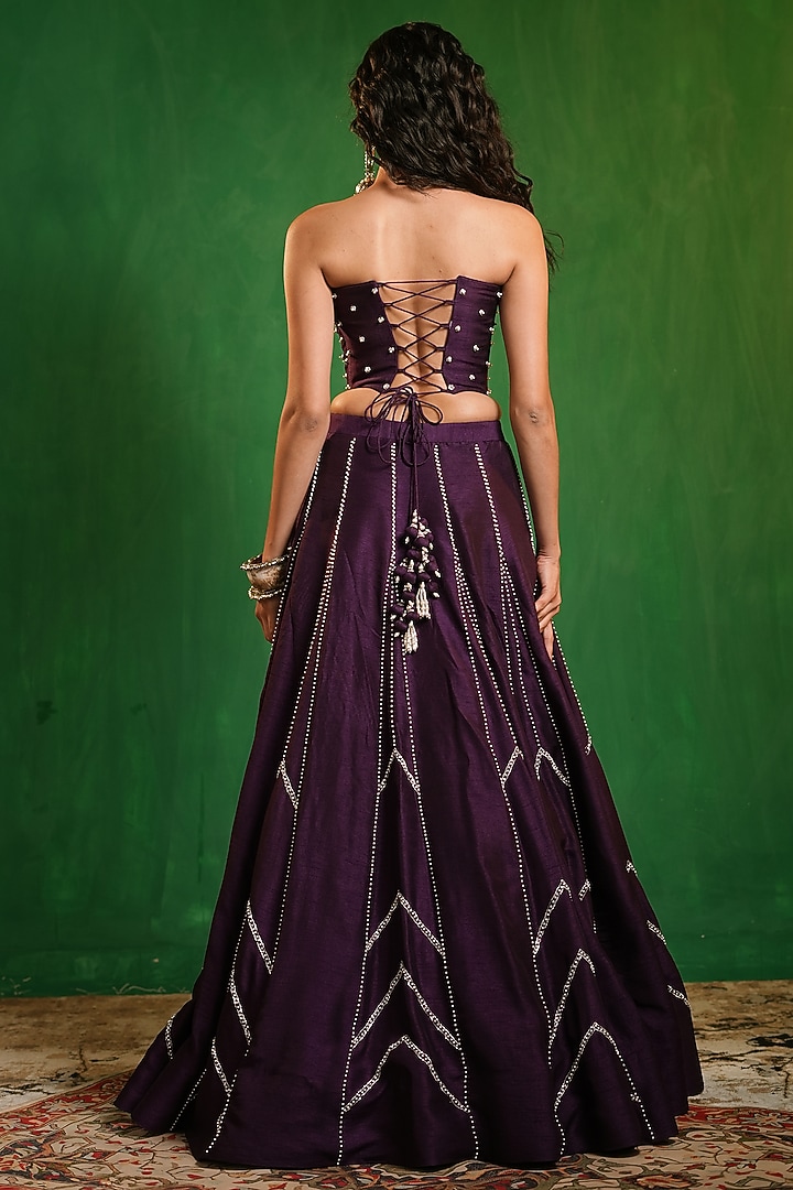 Dark Purple Slub Silk Wedding Lehenga Set by AHI CLOTHING at Pernia's Pop Up Shop