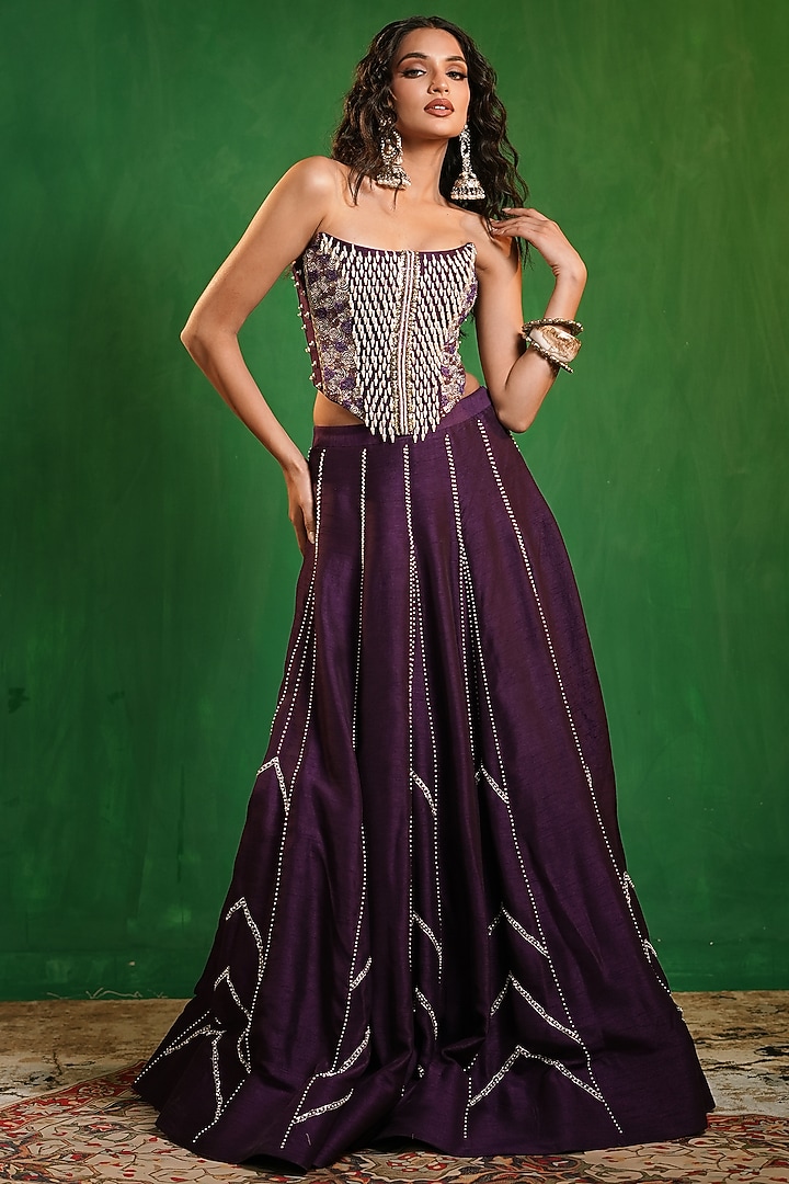 Dark Purple Slub Silk Wedding Lehenga Set by AHI CLOTHING at Pernia's Pop Up Shop
