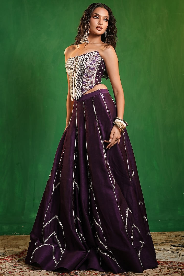 Dark Purple Slub Silk Wedding Lehenga Set by AHI CLOTHING at Pernia's Pop Up Shop