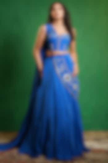 Royal Blue Heavy Crepe Mirror Embellished Flared Wedding Lehenga Set by AHI CLOTHING at Pernia's Pop Up Shop