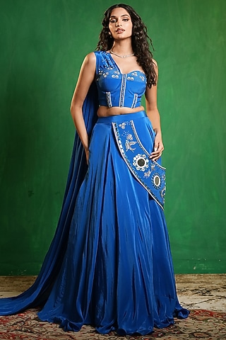 Royal Blue Heavy Crepe Mirror Embellished Flared Lehenga Set by AHI CLOTHING