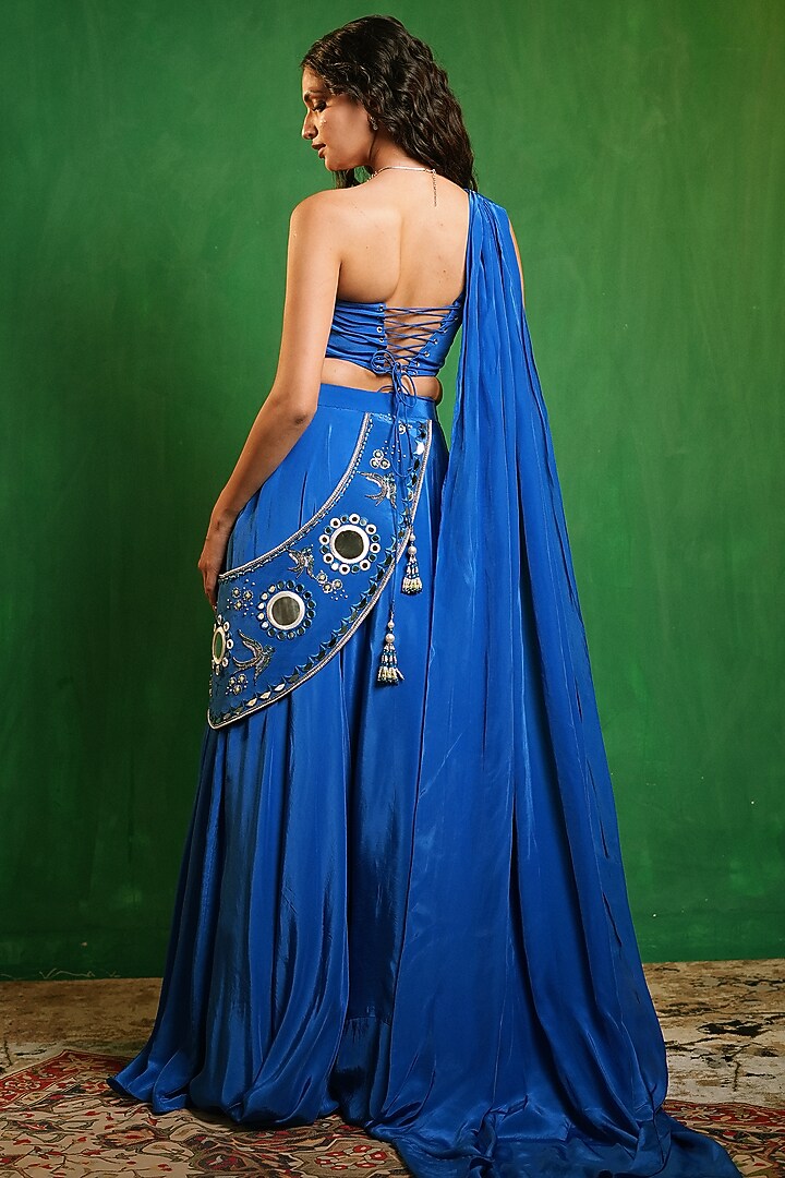Royal Blue Heavy Crepe Mirror Embellished Flared Wedding Lehenga Set by AHI CLOTHING at Pernia's Pop Up Shop