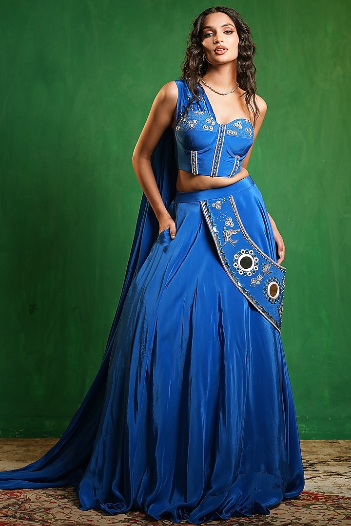 Royal Blue Heavy Crepe Mirror Embellished Flared Wedding Lehenga Set by AHI CLOTHING at Pernia's Pop Up Shop