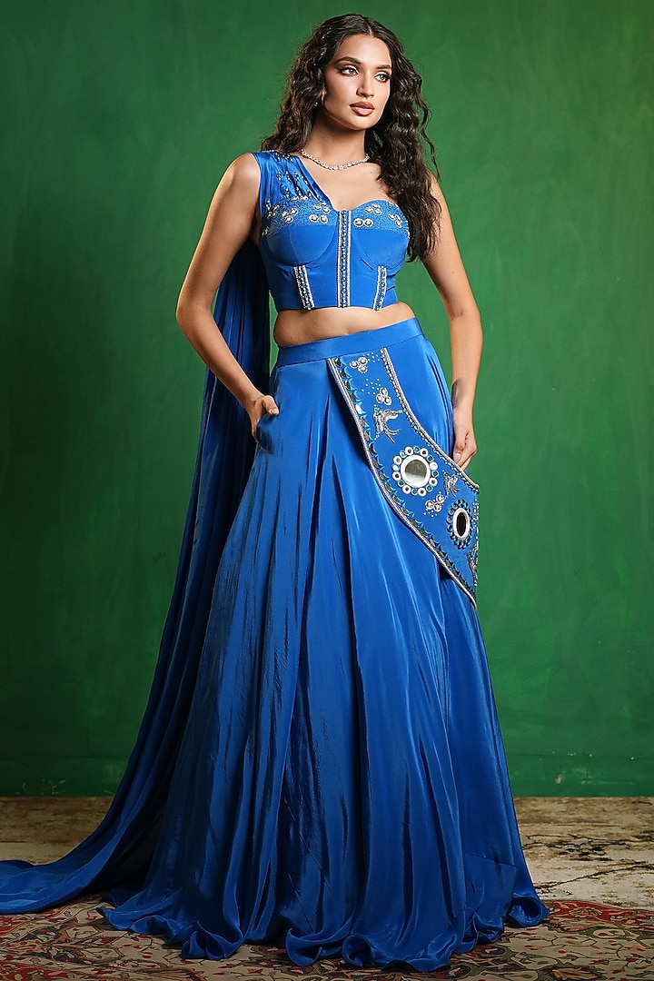 Royal Blue Heavy Crepe Mirror Embellished Flared Wedding Lehenga Set by AHI CLOTHING at Pernia's Pop Up Shop