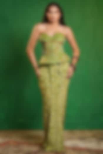 Green Heavy Crepe Printed Saree-Style Skirt Set by AHI CLOTHING at Pernia's Pop Up Shop