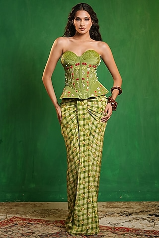 Green Heavy Crepe Printed Saree-Style Skirt Set by AHI CLOTHING