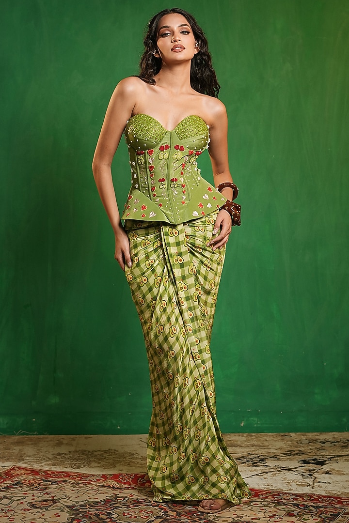 Green Heavy Crepe Printed Saree-Style Skirt Set by AHI CLOTHING at Pernia's Pop Up Shop