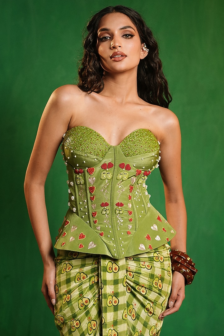 Green Heavy Crepe Printed Saree-Style Skirt Set by AHI CLOTHING at Pernia's Pop Up Shop