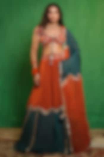 Rust & Teal Heavy Organza Embellished Wedding Lehenga Set by AHI CLOTHING at Pernia's Pop Up Shop