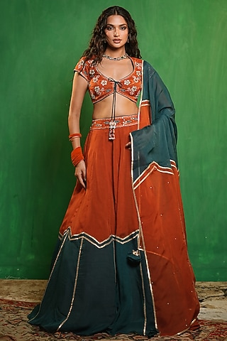 Rust & Teal Heavy Organza Embellished Lehenga Set by AHI CLOTHING
