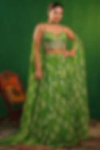 Lime Green Heavy Georgette Printed Ruffled Wedding Lehenga Set by AHI CLOTHING at Pernia's Pop Up Shop
