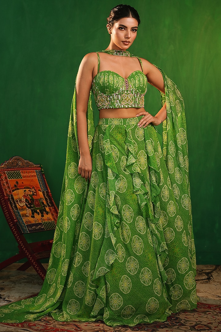 Lime Green Heavy Georgette Printed Ruffled Wedding Lehenga Set by AHI CLOTHING at Pernia's Pop Up Shop