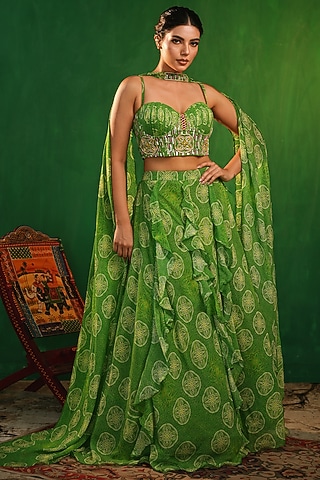 Lime Green Heavy Georgette Printed Ruffled Lehenga Set by AHI CLOTHING