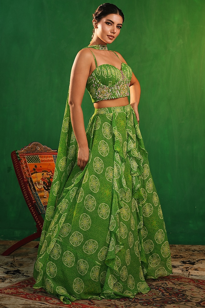 Lime Green Heavy Georgette Printed Ruffled Wedding Lehenga Set by AHI CLOTHING at Pernia's Pop Up Shop