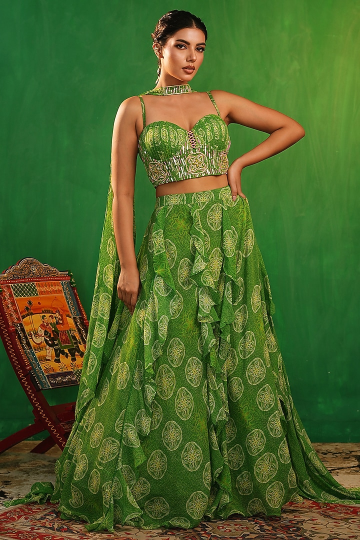Lime Green Heavy Georgette Printed Ruffled Wedding Lehenga Set by AHI CLOTHING at Pernia's Pop Up Shop