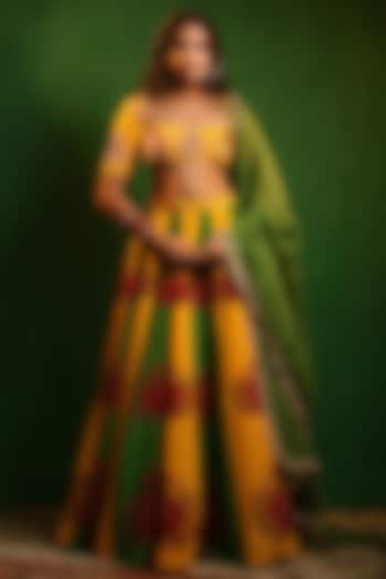 Yellow & Green Crepe Digital Printed Flared Wedding Lehenga Set by AHI CLOTHING at Pernia's Pop Up Shop