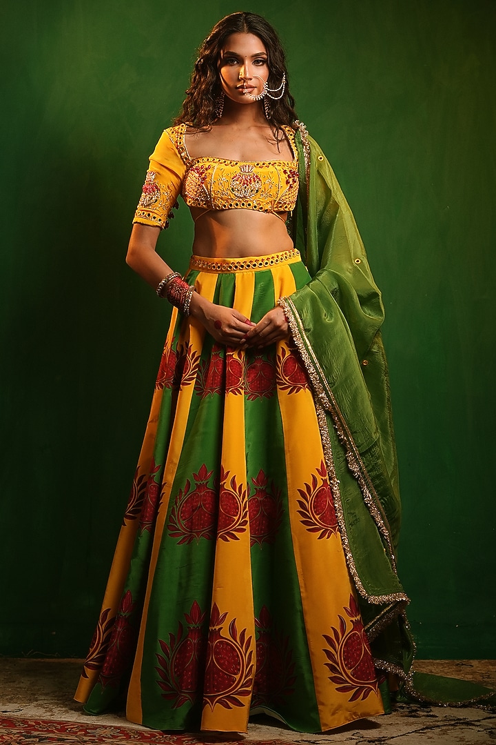 Yellow & Green Crepe Digital Printed Flared Wedding Lehenga Set by AHI CLOTHING at Pernia's Pop Up Shop