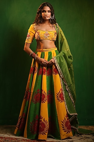 Yellow & Green Crepe Digital Printed Flared Lehenga Set by AHI CLOTHING