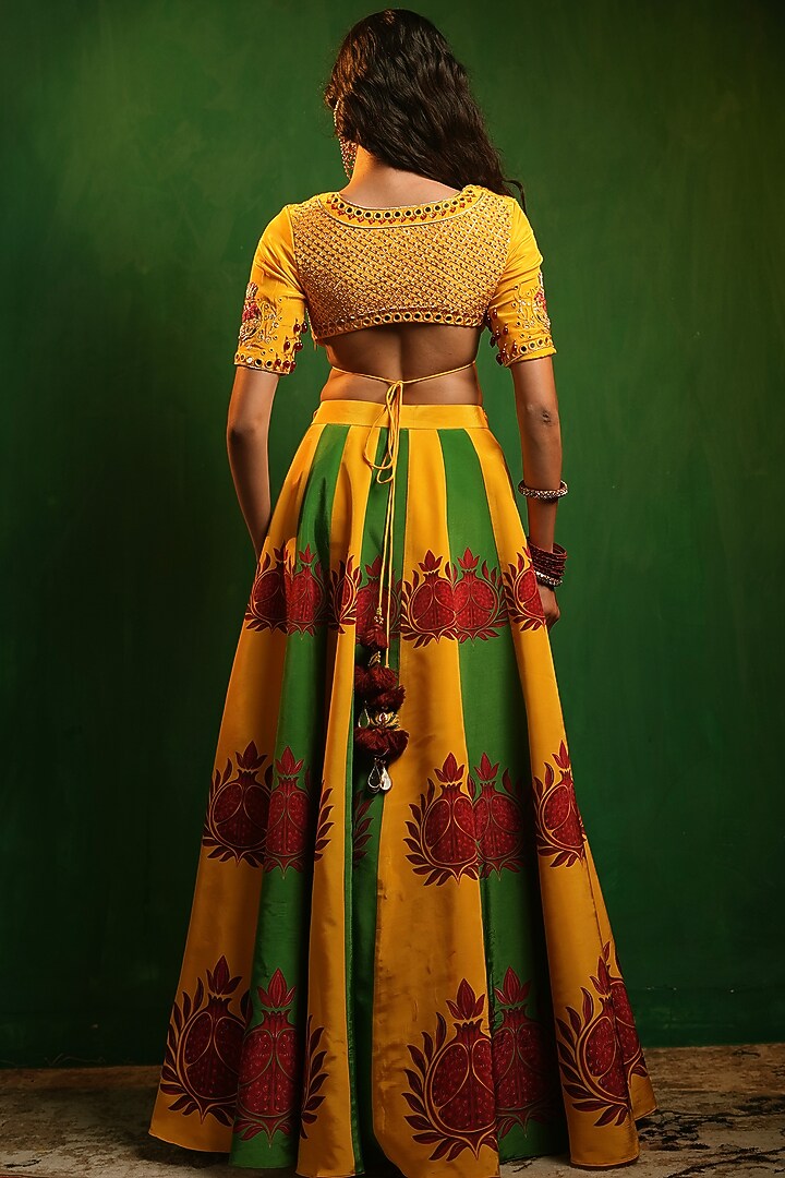 Yellow & Green Crepe Digital Printed Flared Wedding Lehenga Set by AHI CLOTHING at Pernia's Pop Up Shop