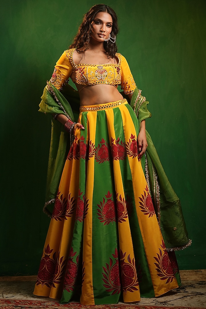 Yellow & Green Crepe Digital Printed Flared Wedding Lehenga Set by AHI CLOTHING at Pernia's Pop Up Shop