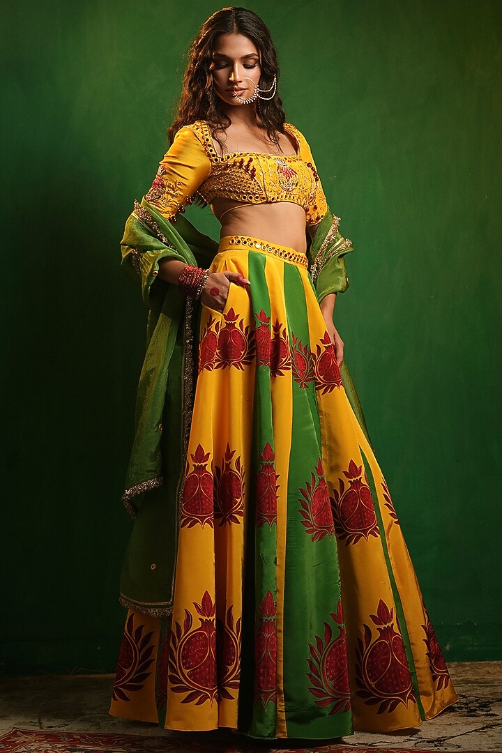 Yellow & Green Crepe Digital Printed Flared Wedding Lehenga Set by AHI CLOTHING at Pernia's Pop Up Shop