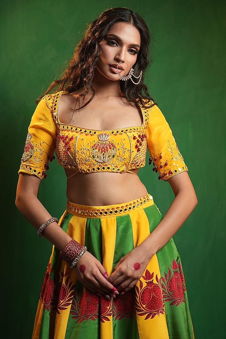 Yellow & Green Crepe Digital Printed Flared Wedding Lehenga Set by AHI CLOTHING at Pernia's Pop Up Shop