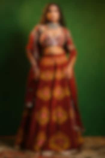 Maroon Crepe & Organza Digital Printed Wedding Lehenga Set by AHI CLOTHING at Pernia's Pop Up Shop