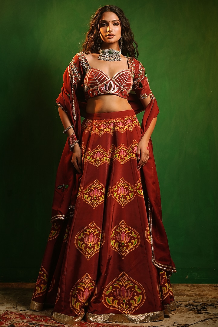 Maroon Crepe & Organza Digital Printed Wedding Lehenga Set by AHI CLOTHING at Pernia's Pop Up Shop
