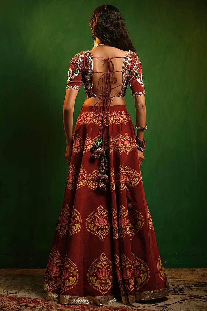 Maroon Crepe & Organza Digital Printed Wedding Lehenga Set by AHI CLOTHING at Pernia's Pop Up Shop