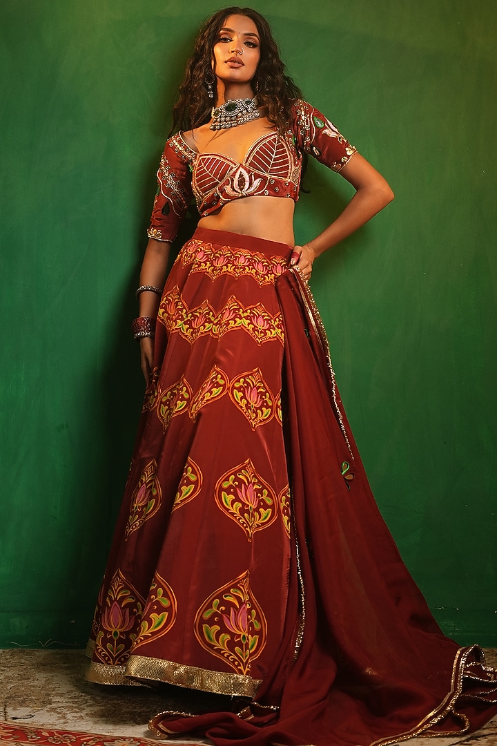 Maroon Crepe & Organza Digital Printed Wedding Lehenga Set by AHI CLOTHING at Pernia's Pop Up Shop