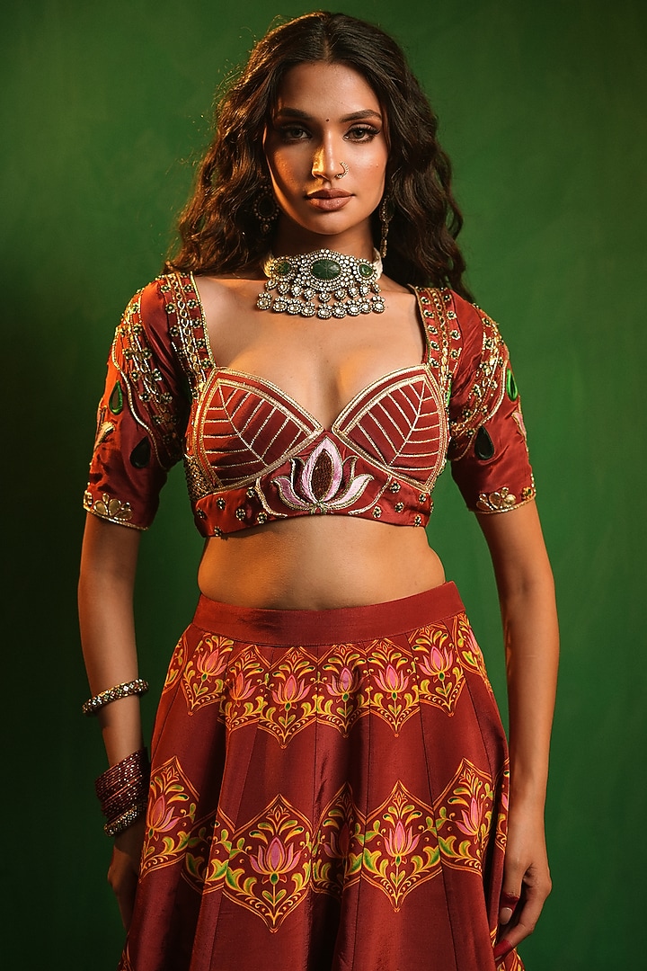 Maroon Crepe & Organza Digital Printed Wedding Lehenga Set by AHI CLOTHING at Pernia's Pop Up Shop