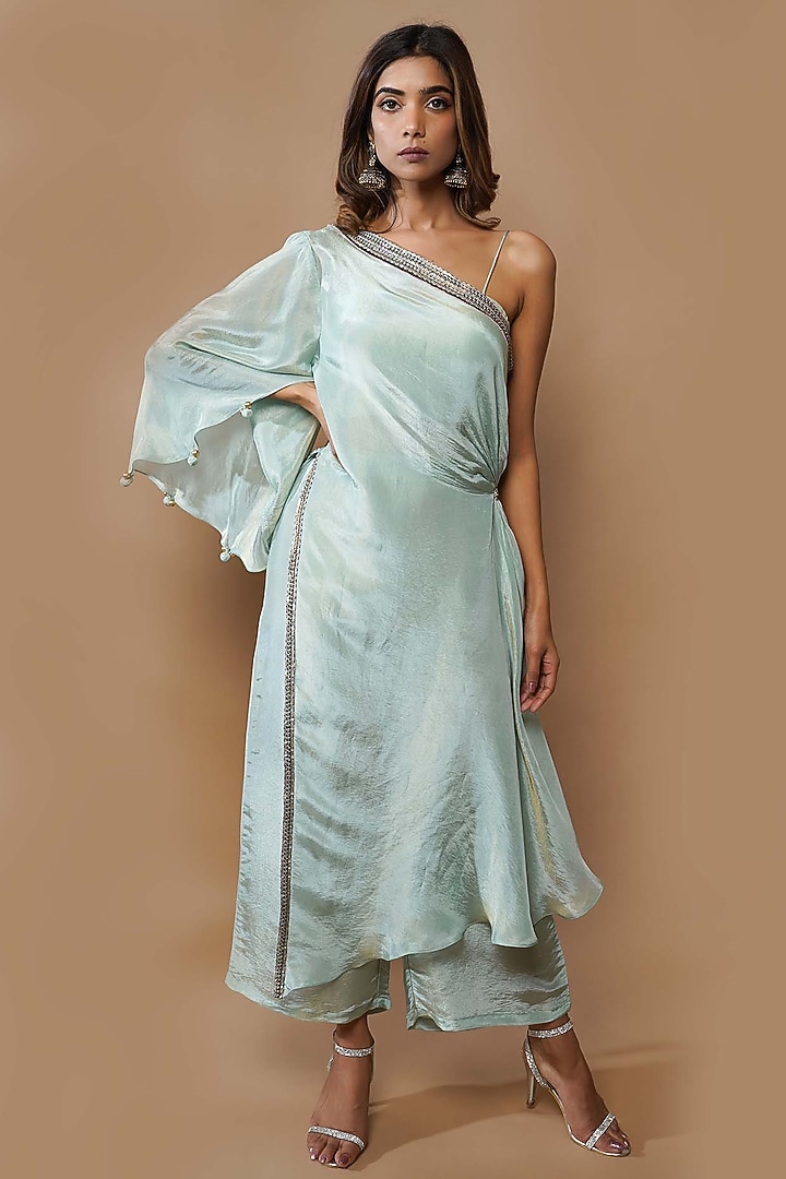 Sea Blue Tissue Silk Pant Set by AHI CLOTHING at Pernia's Pop Up Shop