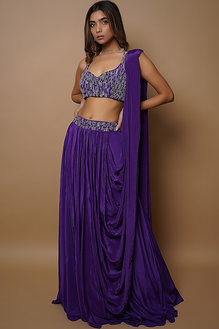 Dark Purple Embroidered Lehenga Set by AHI CLOTHING