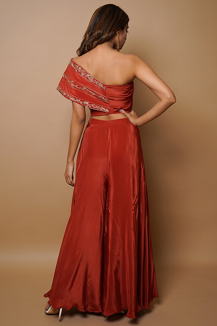 Brick Red Hand Embroidered Pant Set by AHI CLOTHING at Pernia's Pop Up Shop