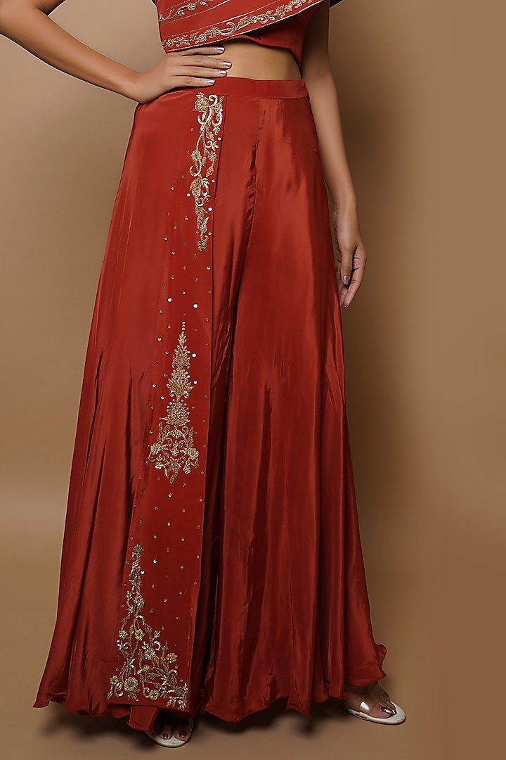 Brick Red Hand Embroidered Pant Set by AHI CLOTHING at Pernia's Pop Up Shop