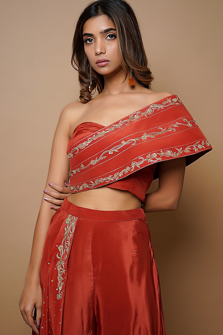 Brick Red Hand Embroidered Pant Set by AHI CLOTHING at Pernia's Pop Up Shop