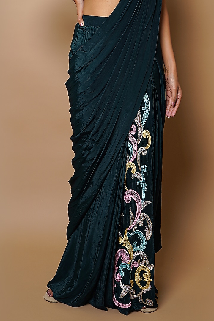 Teal Green Embroidered Pre-Stitched Party Wear Saree Set by AHI CLOTHING at Pernia's Pop Up Shop