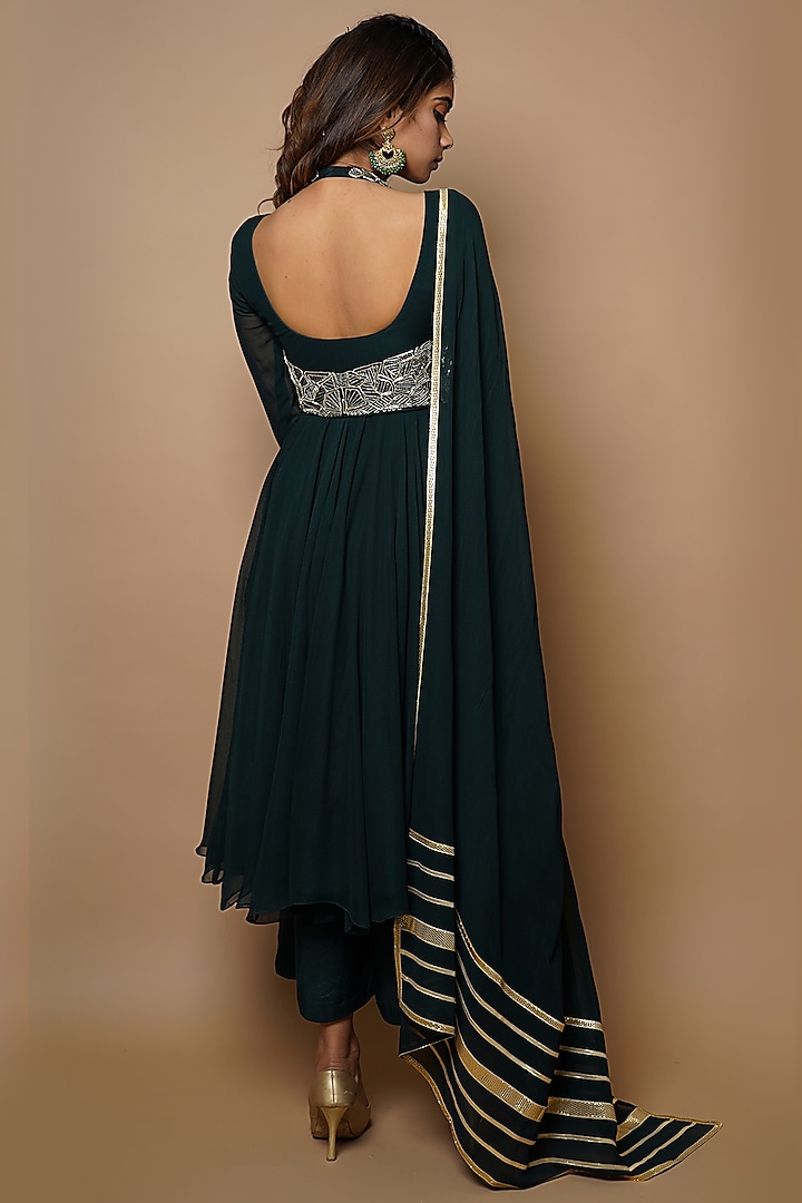 Bottle Green Hand Embroidery Party Wear Anarkali Set by AHI CLOTHING at Pernia's Pop Up Shop