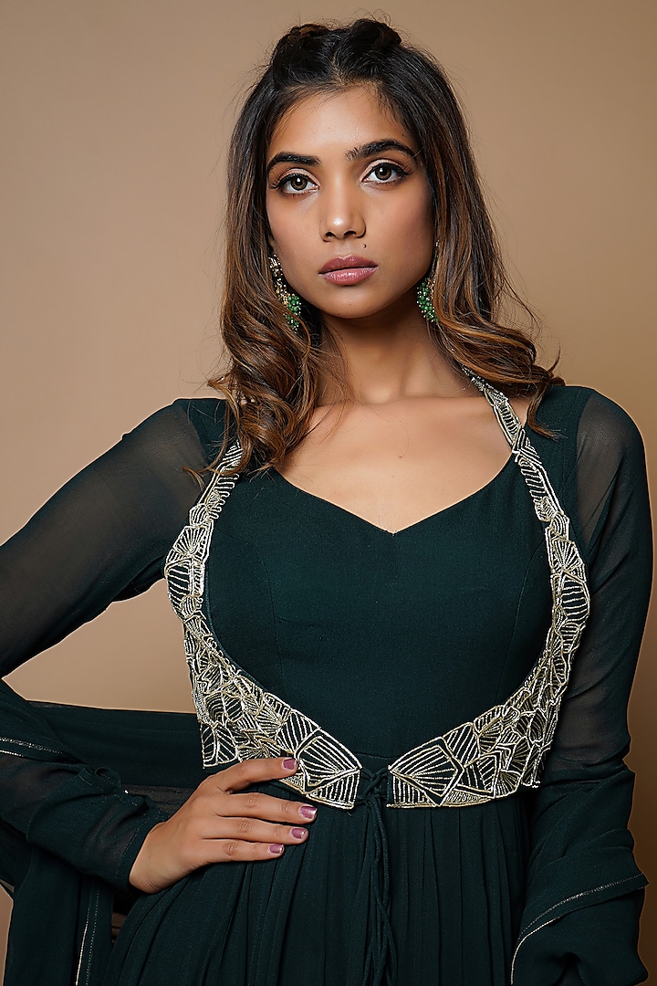 Bottle Green Hand Embroidery Party Wear Anarkali Set by AHI CLOTHING at Pernia's Pop Up Shop
