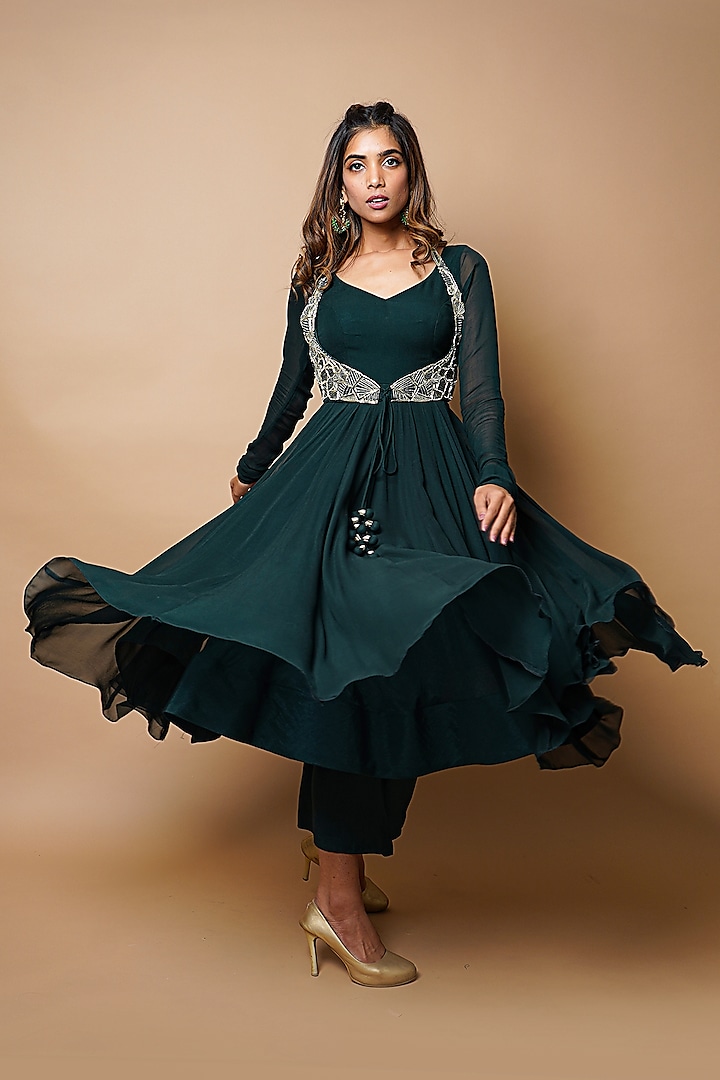 Bottle Green Hand Embroidery Party Wear Anarkali Set by AHI CLOTHING at Pernia's Pop Up Shop