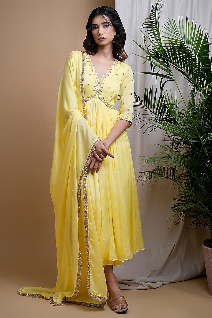 Bright Yellow Chinon Chiffon Zari Hand Embroidered Anarkali set by AHI CLOTHING at Pernia's Pop Up Shop